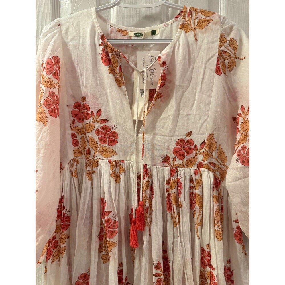 Dolma White Coral Floral Mylah Midi Dress Boho Cotton Hand Printed Sz L NWT - Picture 5 of 15